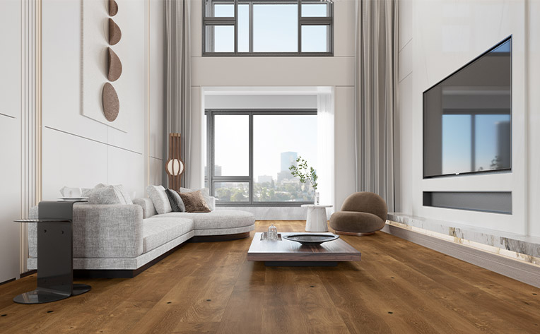 warm toned large format hardwood flooring in living room