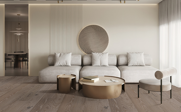 basement with white couch and luxury vinyl flooring